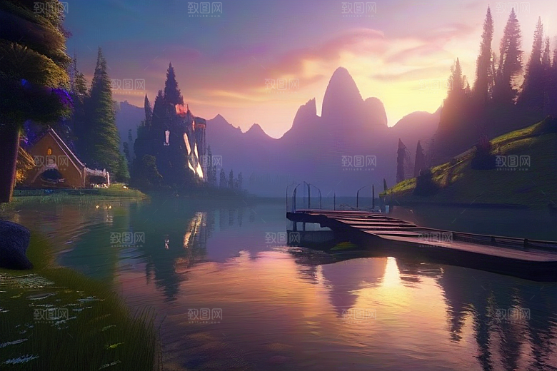 梦幻童话湖泊中的奇幻景色