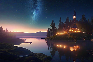 梦幻童话湖泊中的奇幻景色