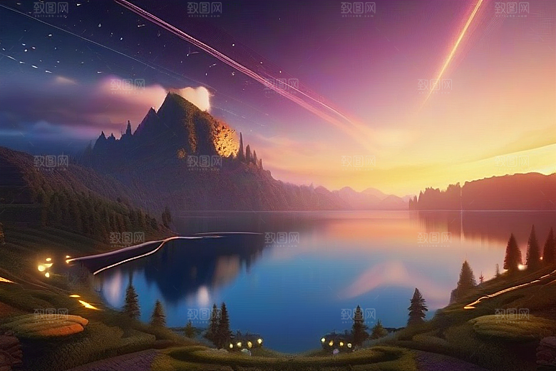 梦幻童话湖泊中的奇幻景色