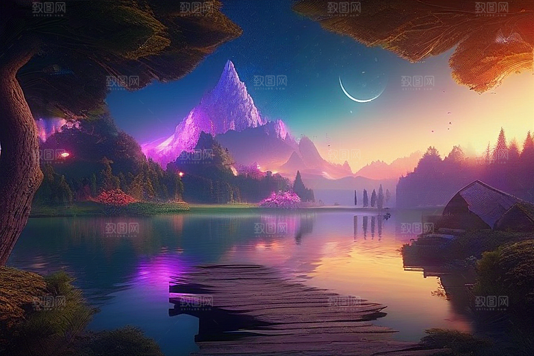 梦幻童话湖泊中的奇幻景色