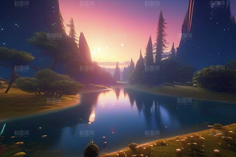 梦幻童话湖泊中的奇幻景色