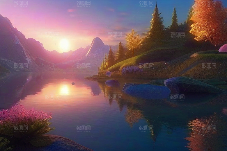 梦幻童话湖泊中的奇幻景色