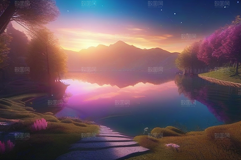 梦幻童话湖泊中的奇幻景色