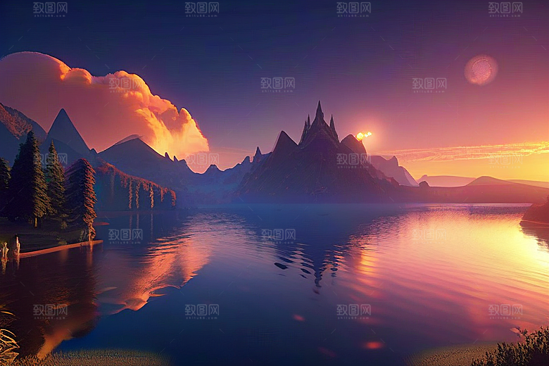 湖光山色壮丽景色中的湖泊