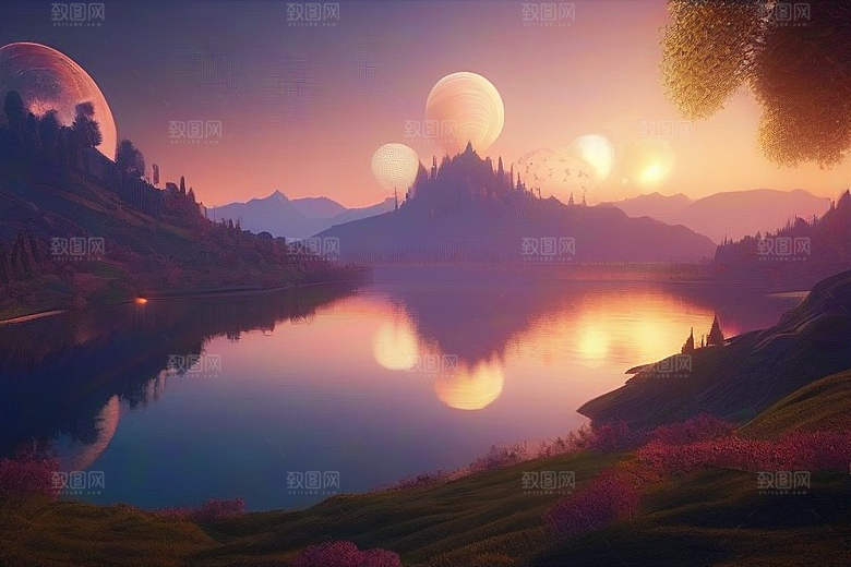 湖光山色壮丽景色中的湖泊