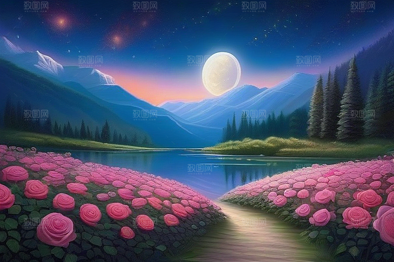 夜色花海星空玫瑰的梦幻画卷