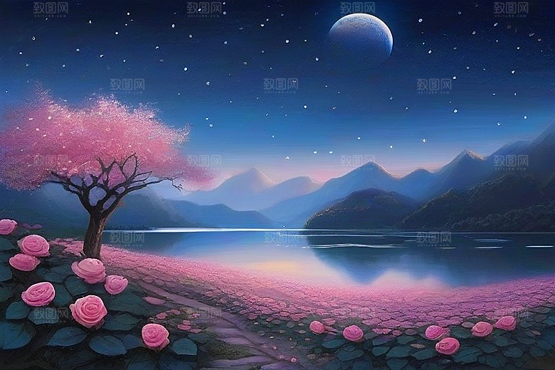 夜色花海星空玫瑰的梦幻画卷