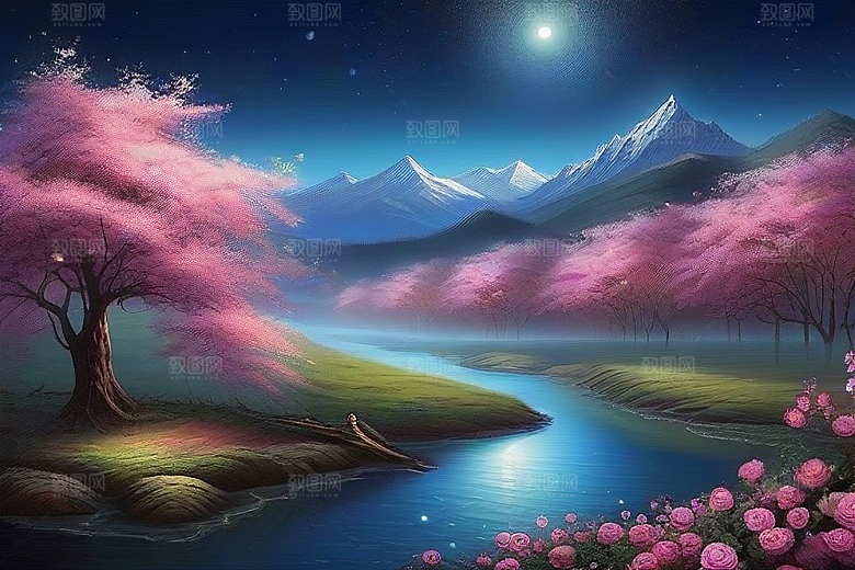夜色花海星空玫瑰的梦幻画卷