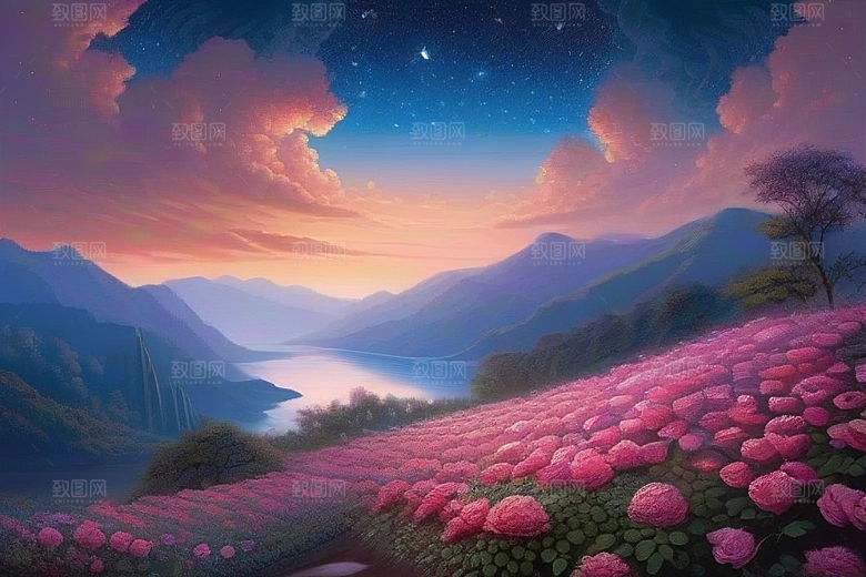 夜色花海星空玫瑰的梦幻画卷