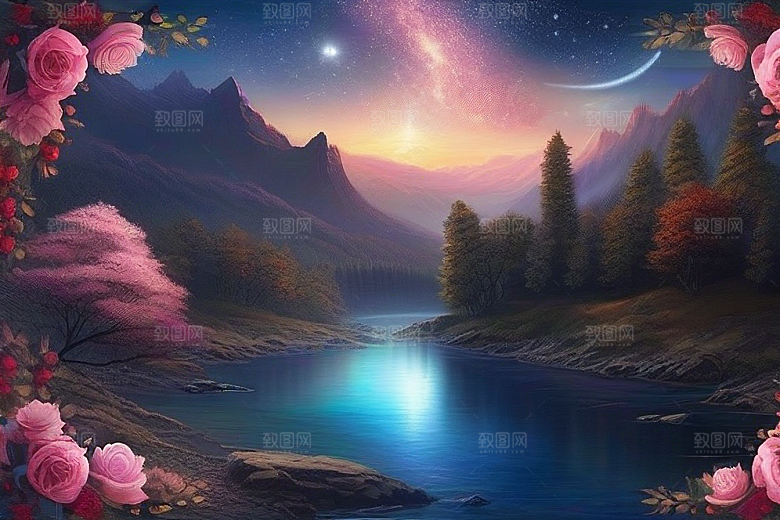 夜色花海星空玫瑰的梦幻画卷