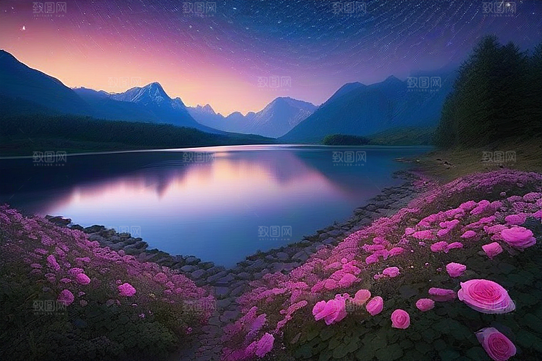 夜色花海星空玫瑰的梦幻画卷