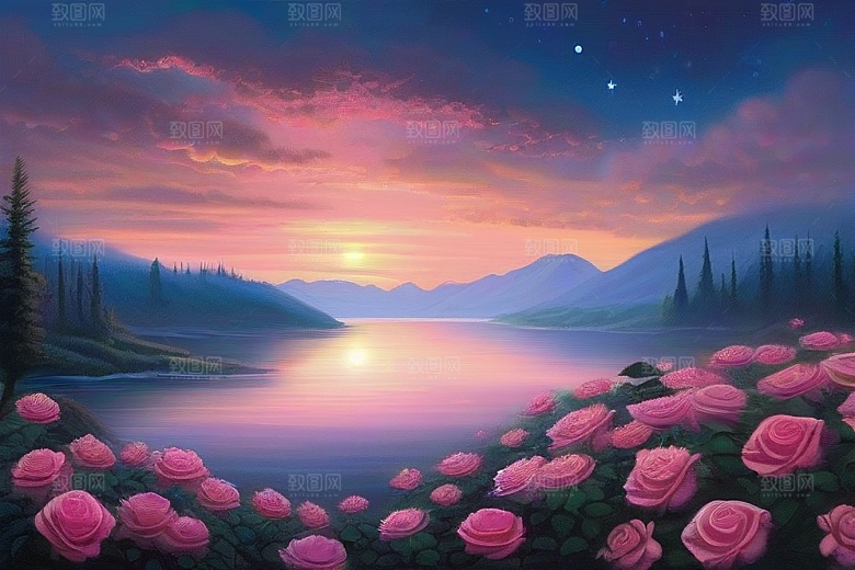 夜色花海星空玫瑰的梦幻画卷