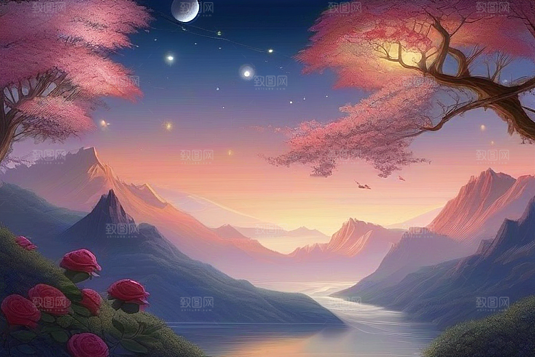 夜色花海星空玫瑰的梦幻画卷