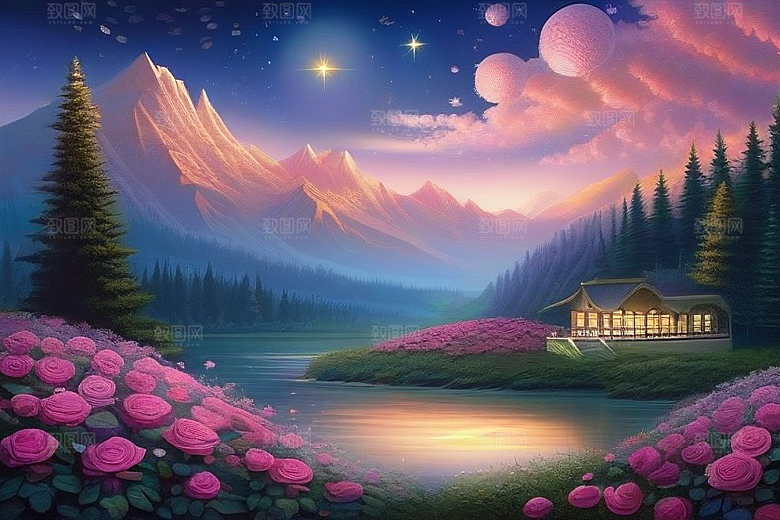 星空花海迷人而宁静的天地奇观