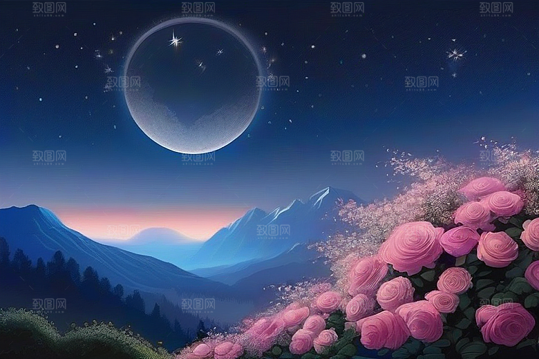 星空花海迷人而宁静的天地奇观