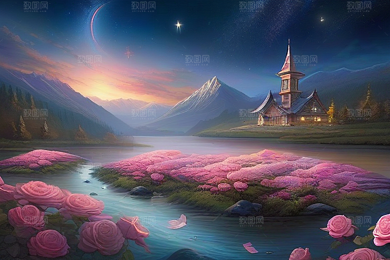 星河梦境迷人而宁静的花与星之旅