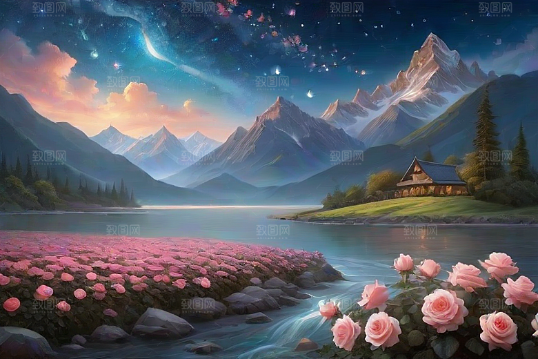 夜色花海星空玫瑰的梦幻画卷