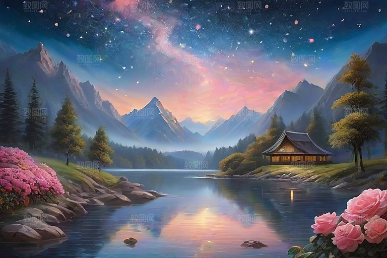 夜色花海星空玫瑰的梦幻画卷