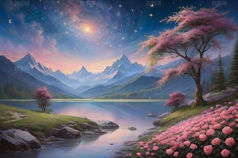 夜色花海星空玫瑰的梦幻画卷