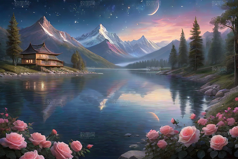 夜色花海星空玫瑰的梦幻画卷