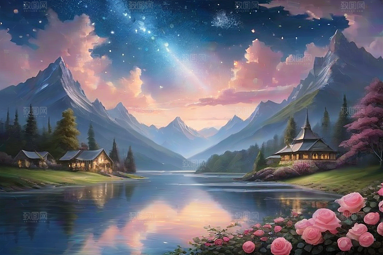 夜色花海星空玫瑰的梦幻画卷