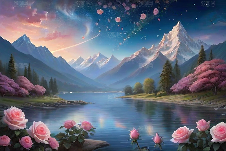 夜色花海星空玫瑰的梦幻画卷