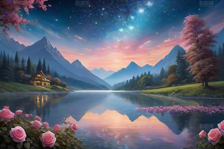 夜色花海星空玫瑰的梦幻画卷