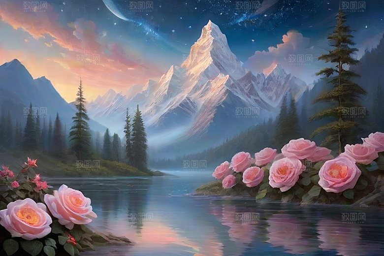 夜色花海星空玫瑰的梦幻画卷