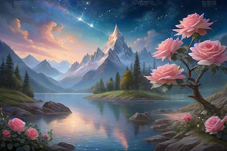 夜色花海星空玫瑰的梦幻画卷