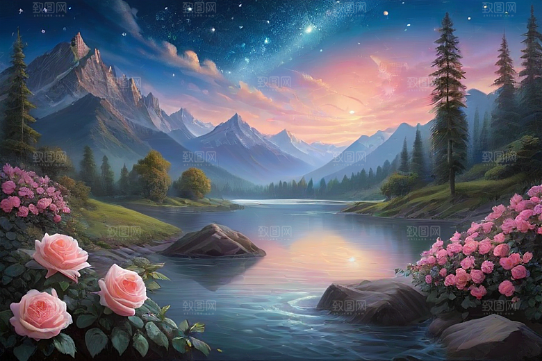 夜色花海星空玫瑰的梦幻画卷