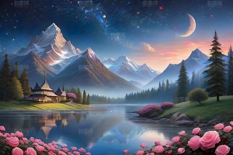 夜色花海星空玫瑰的梦幻画卷