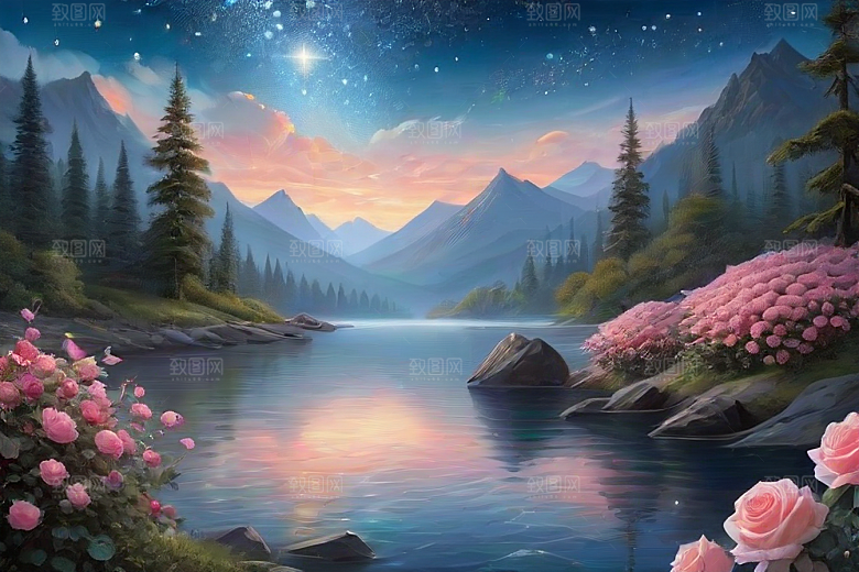 夜色花海星空玫瑰的梦幻画卷
