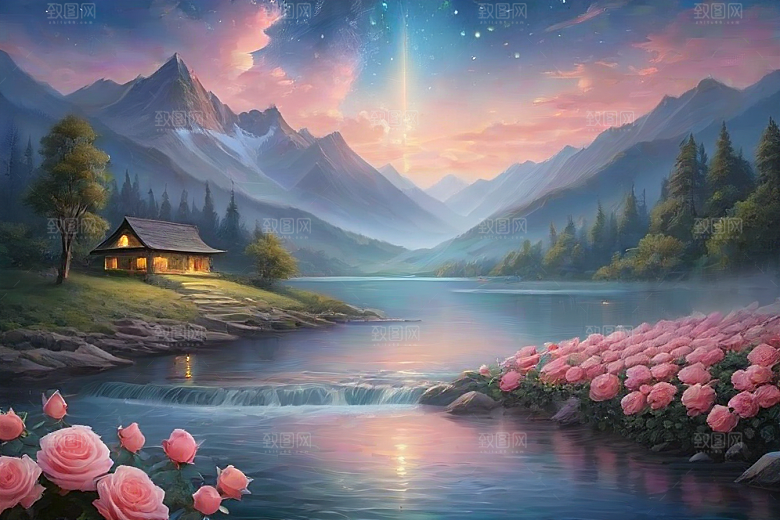 夜色花海星空玫瑰的梦幻画卷
