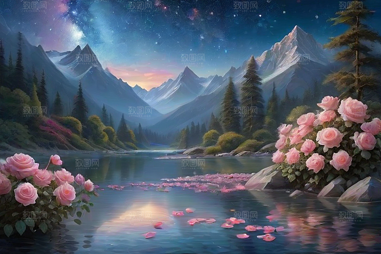 夜色花海星空玫瑰的梦幻画卷