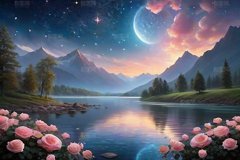 夜色花海星空玫瑰的梦幻画卷