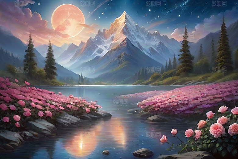 夜色花海星空玫瑰的梦幻画卷