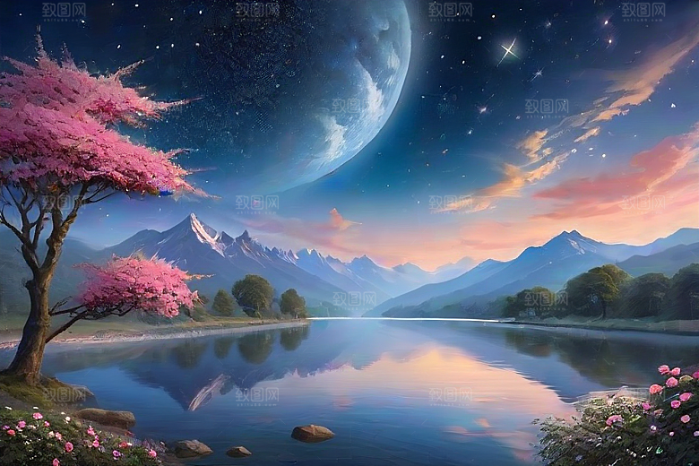 星空花海迷人而宁静的天地奇观