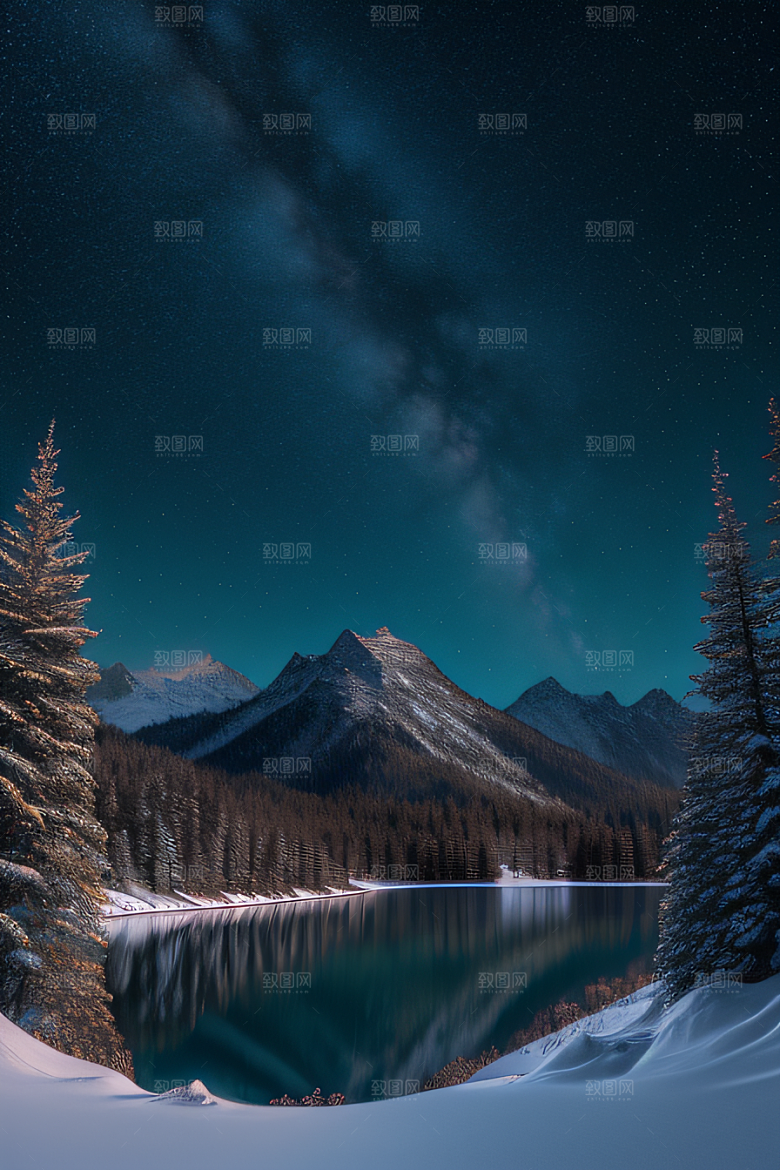 神秘星空冰封湖泊神秘森林超现实景象