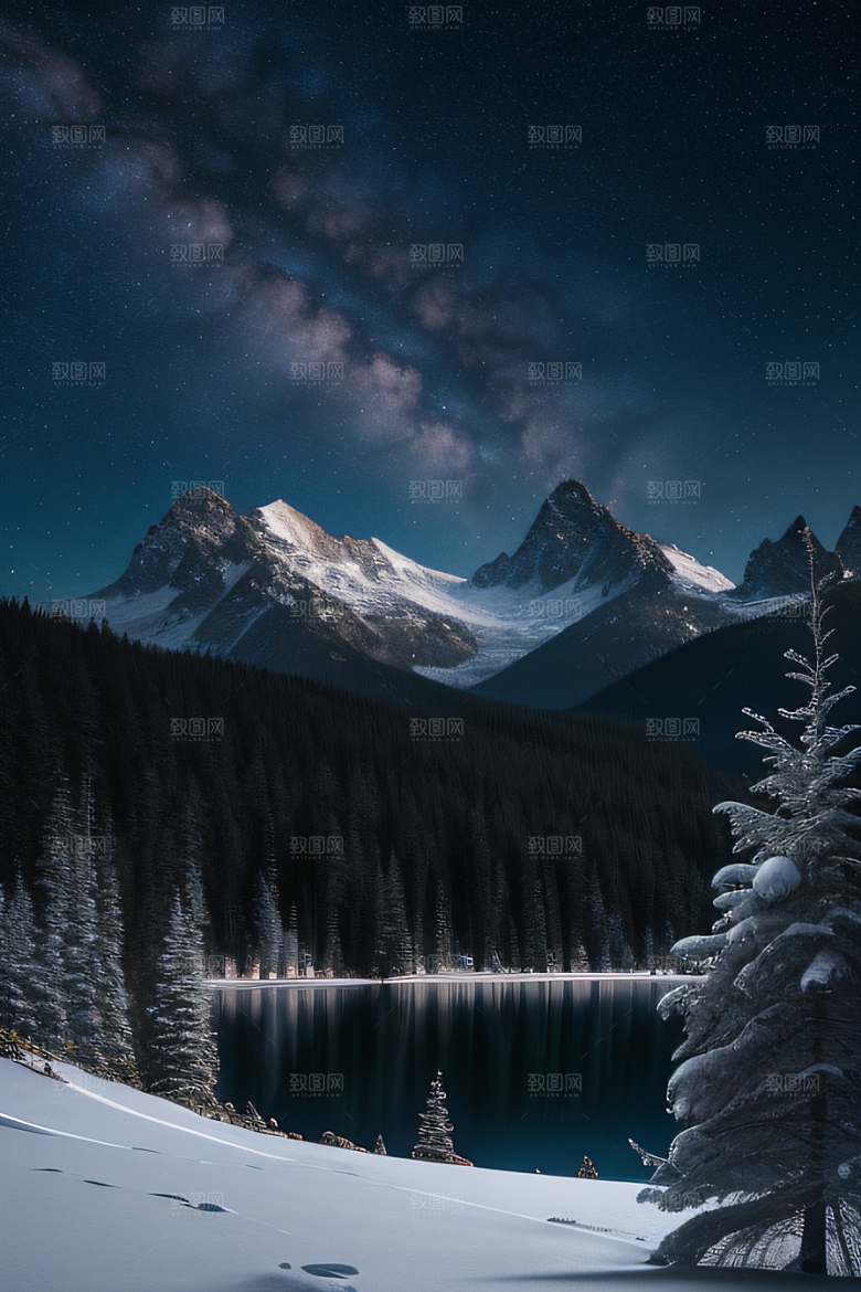 极寒风景冰封湖泊神秘森林壮丽景象