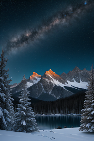 飘渺星空神秘森林与雪山的背景