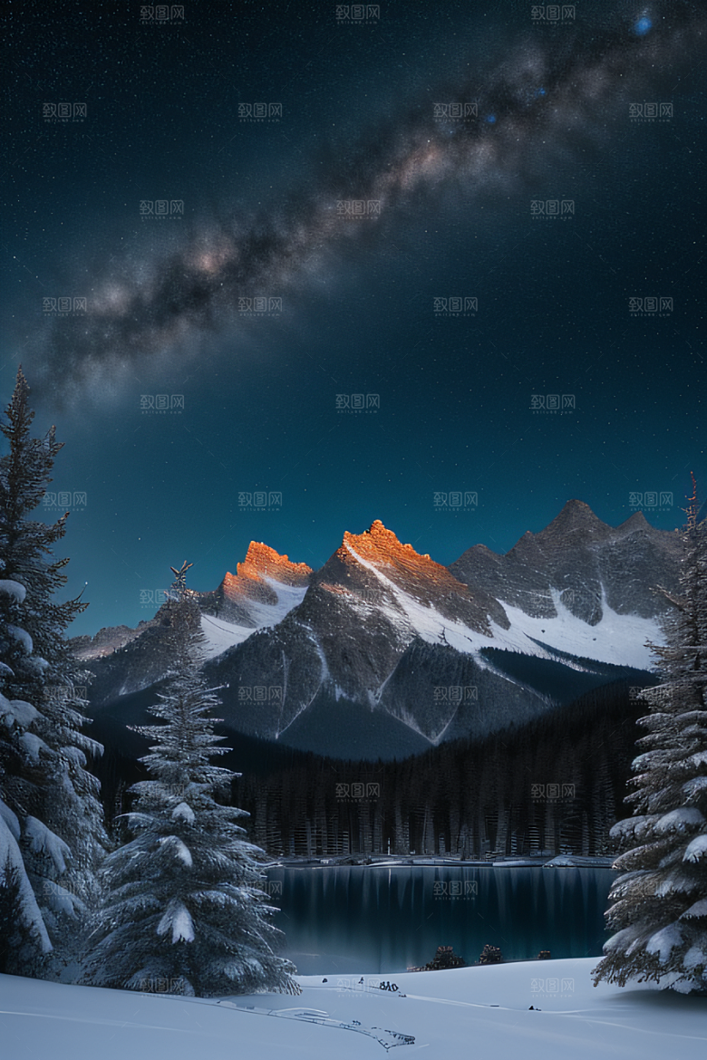 飘渺星空神秘森林与雪山的背景