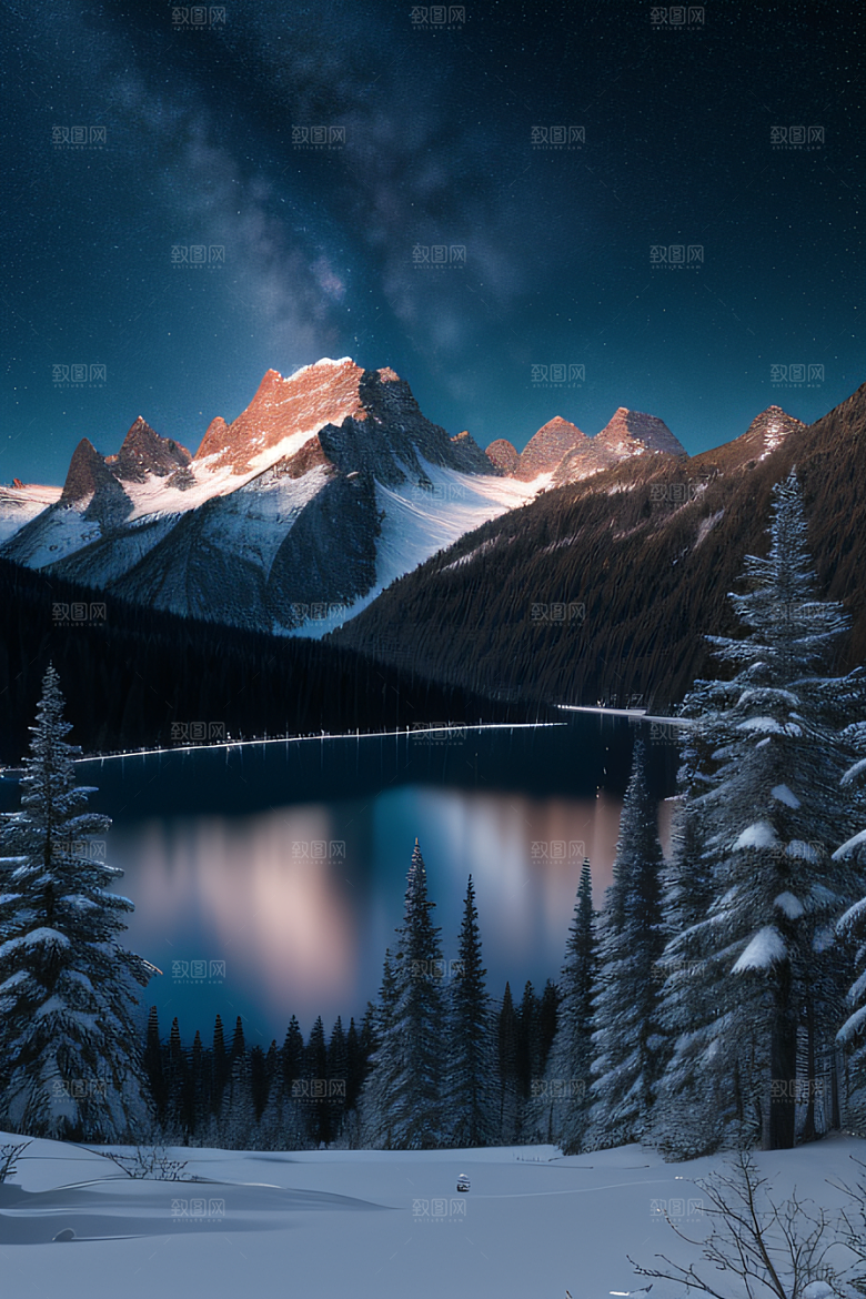 飘渺星空神秘森林与雪山的背景