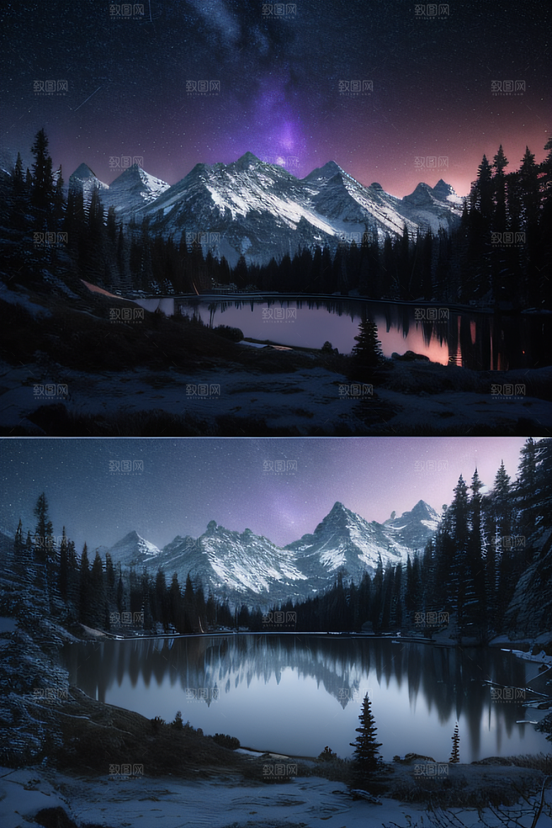 飘渺星空神秘森林与雪山的背景