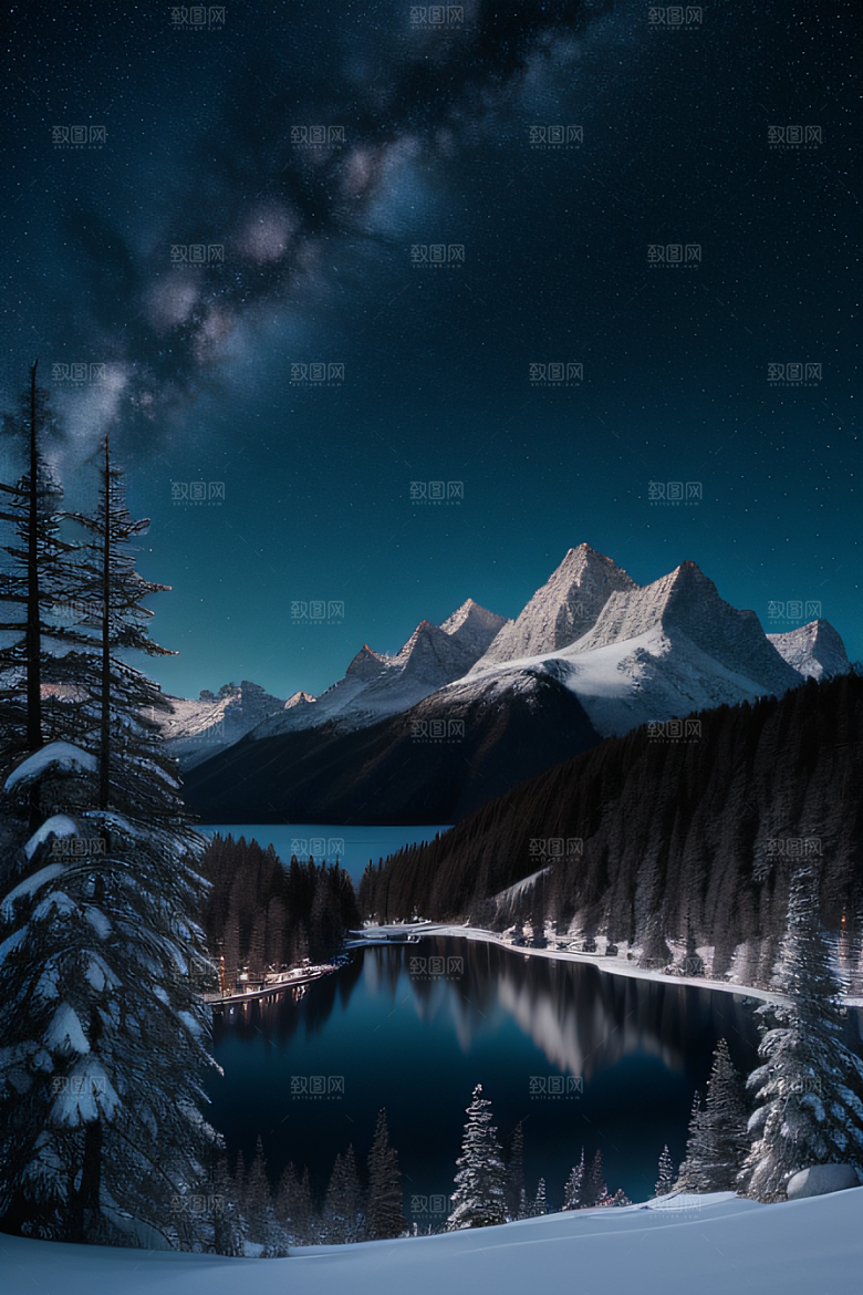 飘渺星空神秘森林与雪山的背景