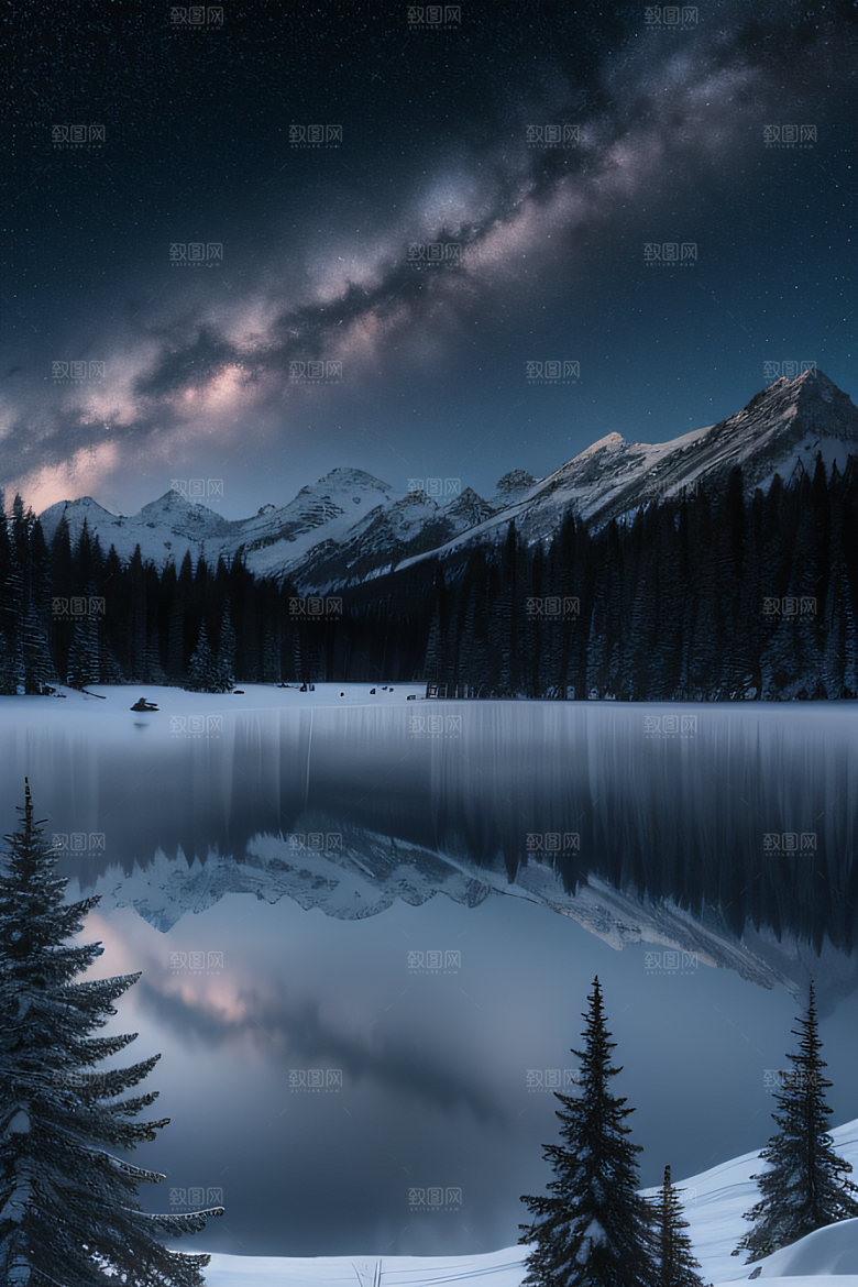 飘渺星空神秘森林与雪山的背景