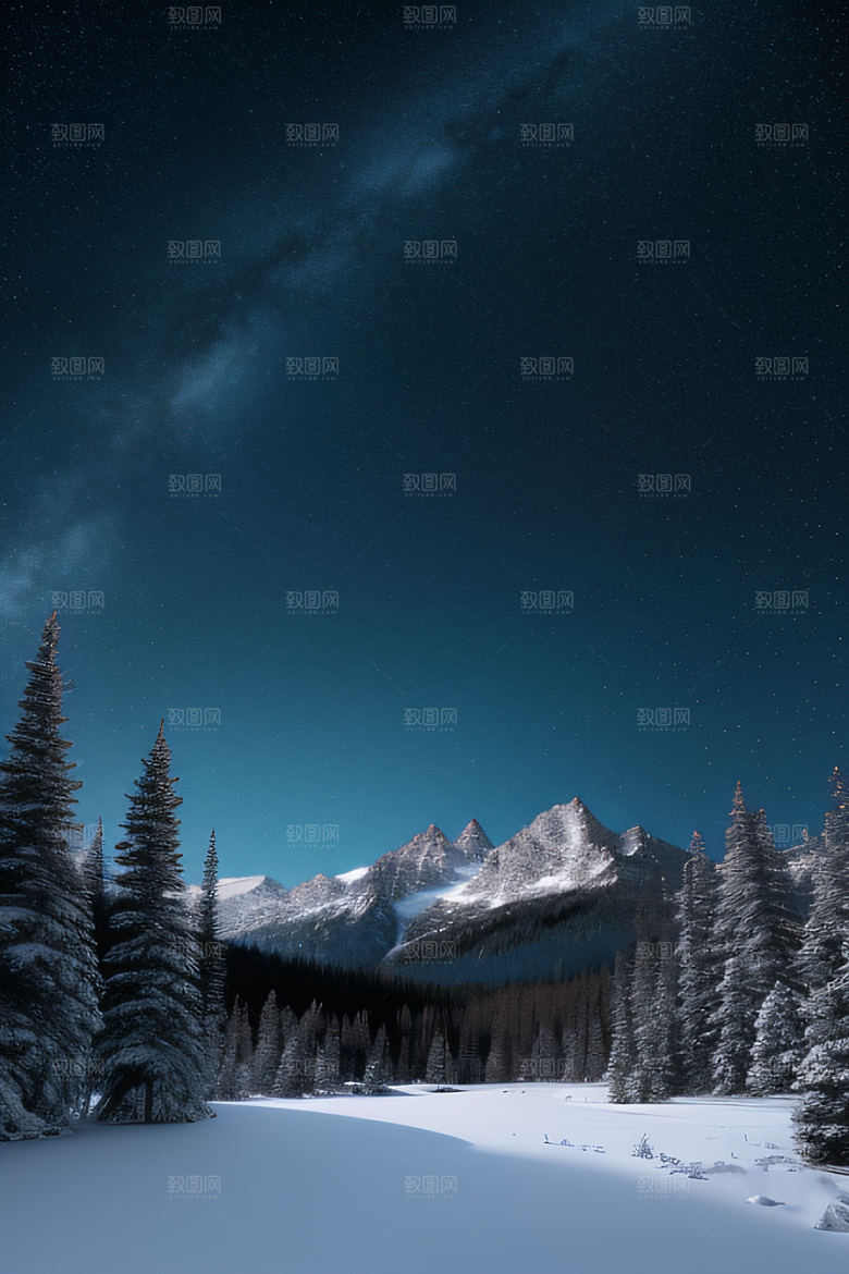 飘渺星空神秘森林与雪山的背景