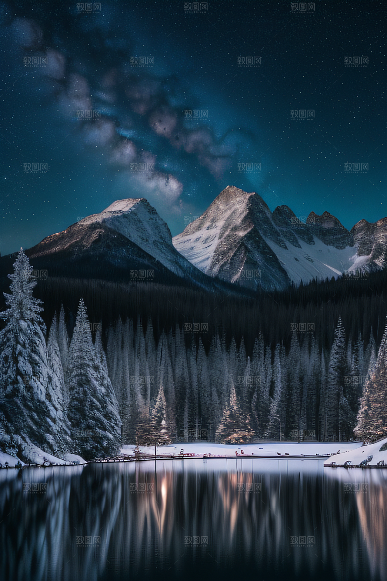 飘渺星空神秘森林与雪山的背景