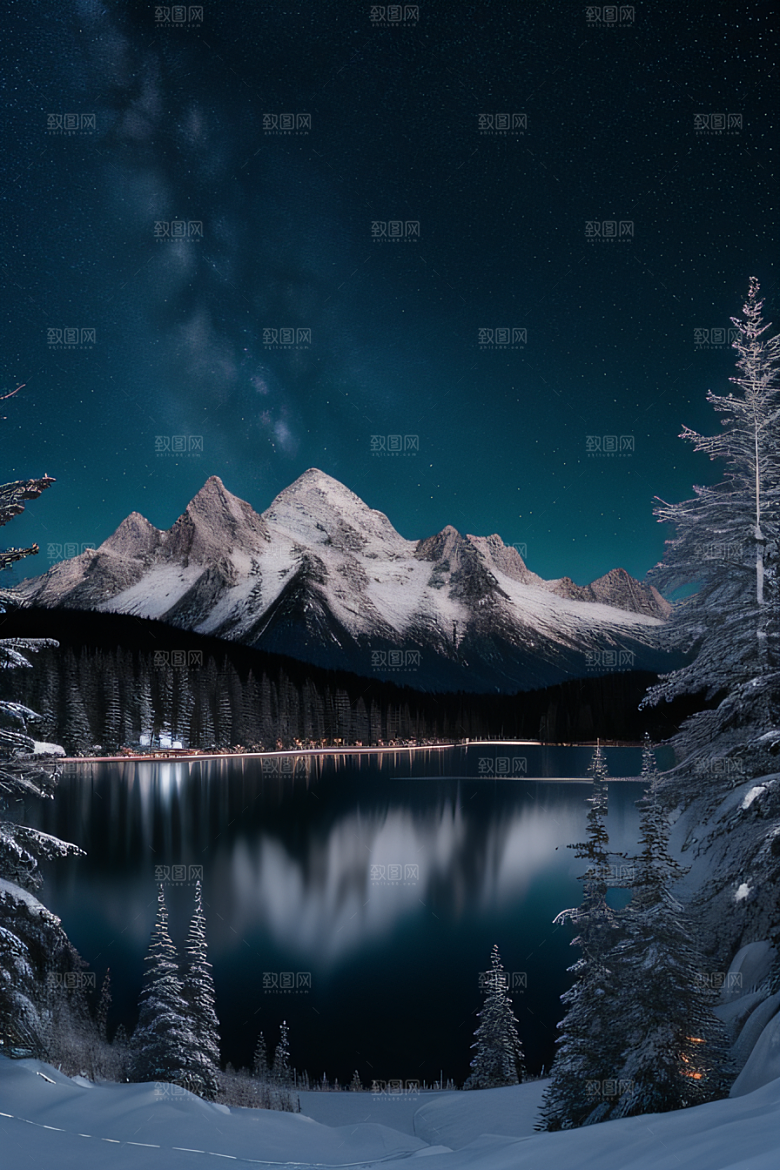 飘渺星空神秘森林与雪山的背景