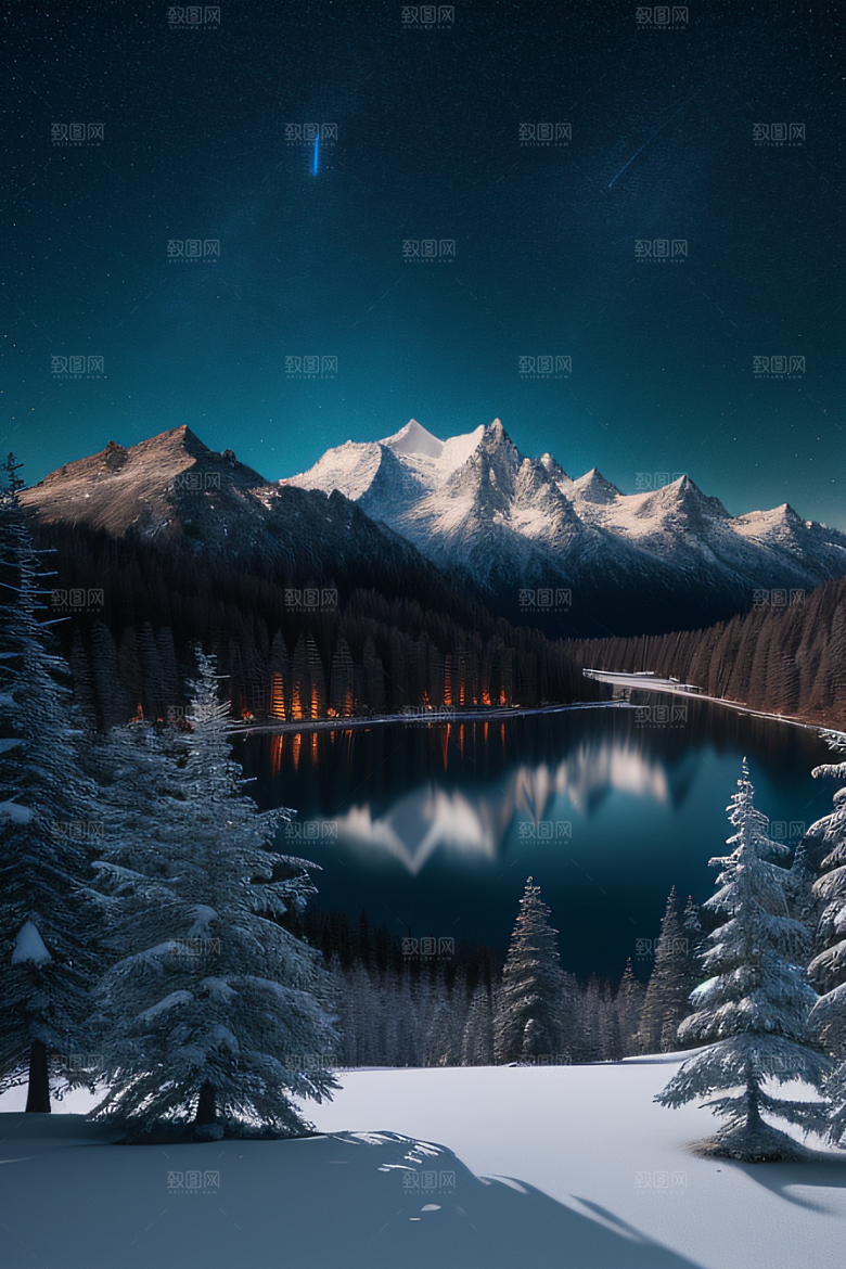 飘渺星空神秘森林与雪山的背景