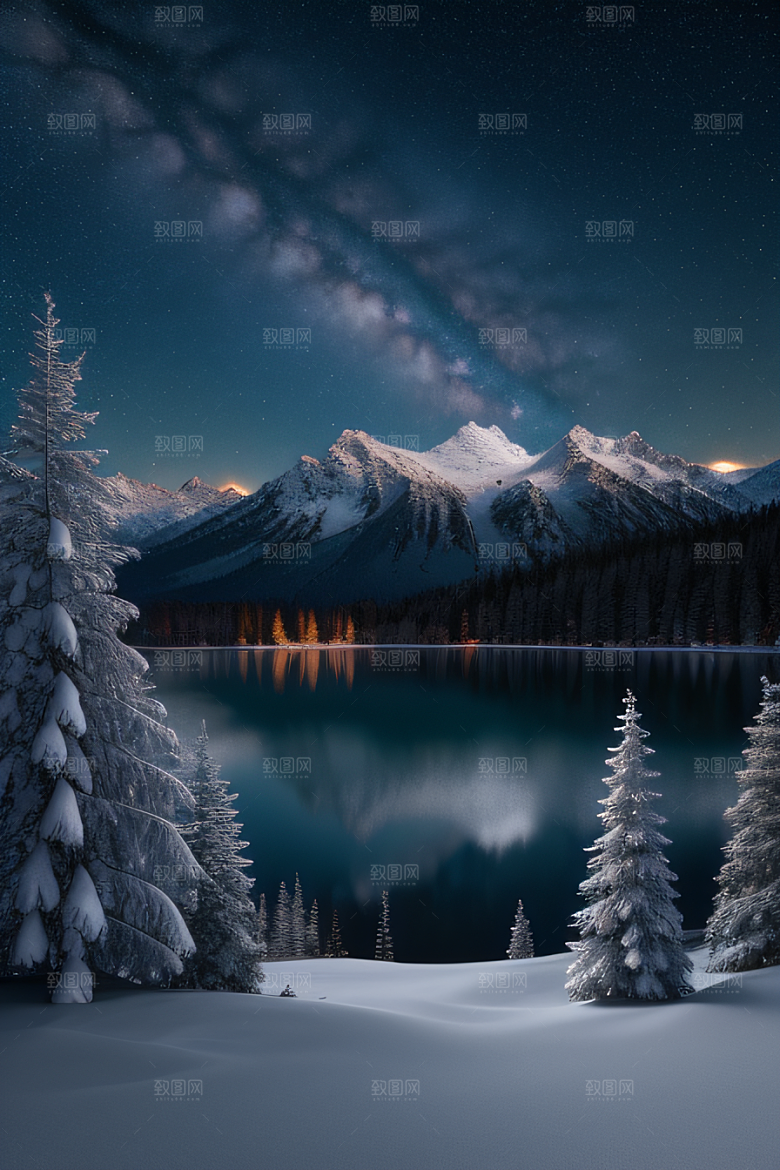 飘渺星空神秘森林与雪山的背景